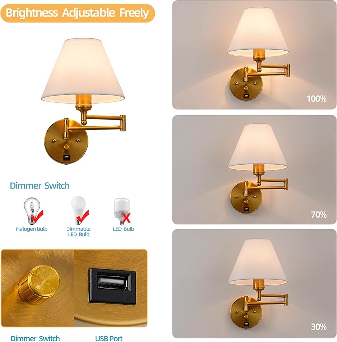 Swing Arm Wall Sconces, Plug-in Wall lamp,Bedroom Wall lamp ， White Fabric Shade，，with dimmable Switch and USB Charging Port, Suitable for Bedside, Living Room, Reading (Golden)