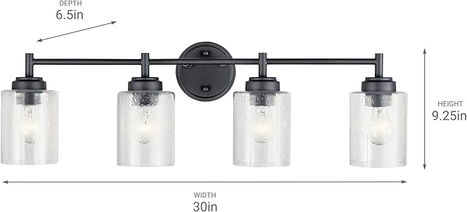 Kichler Winslow 30" 4-Light Bathroom Vanity Light Fixture with Clear Seeded Glass in Black, Modern Industrial Style for Bathroom and Powder Room, (30" x 9.25" x 6.5"), 45887BK