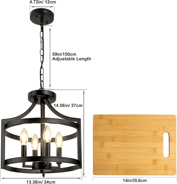4-Light Farmhouse Chandelier, Modern Hanging Pendant Lighting, Convertible Semi Flush Mount Ceiling Light Fixture Rustic Vintage Black Chandeliers for Dining Room Kitchen Foyer Entryway