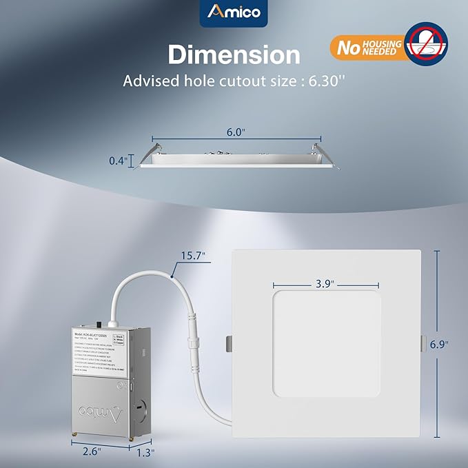 Amico 12 Pack 6 Inch Ultra-Thin LED Square Recessed Light with Junction Box, 5CCT 2700K/3000K/3500K/4000K/5000K Selectable, 1050LM Brightness, Dimmable Canless Wafer Downlight, 12W, ETL&FCC