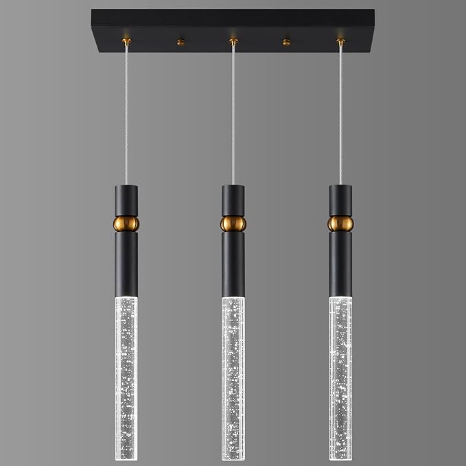LMQNINE 3 Light Dining Room Light Fixtures Ceiling Dimmable LED Modern Black Kitchen Island Pendant Light with Bubble Crystal Pendant Light for Kitchen Island Bedroom Hallway Entryway (3-Light)