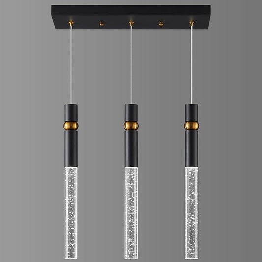 LMQNINE 3 Light Dining Room Light Fixtures Ceiling Dimmable LED Modern Black Kitchen Island Pendant Light with Bubble Crystal Pendant Light for Kitchen Island Bedroom Hallway Entryway (3-Light)