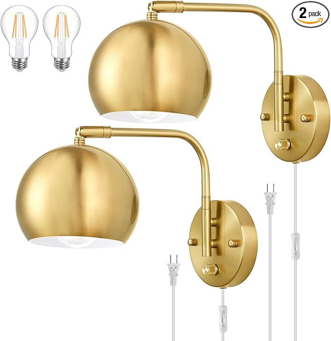 VATONI Wall Sconces Plug in, Dimmable Wall Sconce Swing Arm Wall Lights with Plug in Cord and Dimmer On/Off Knob Switch, Brushed Brass Globe Wall Light for Bedroom Bedside Hallway(2 Bulbs Included)