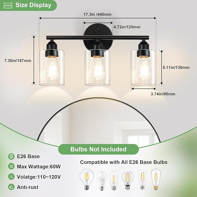 3-Light Bathroom Light Fixtures, 17.3" Black Modern Vanity Light for Bathroom Mirror, Glass Shade, Kitchen, Living Room, Bath, Metal
