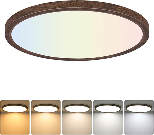 Brightever Walnut Wood LED Flush Mount Ceiling Light, 12 Inch 24W 3200LM Close to Ceiling Light Fixtures, Dimmable & 2700K-6500K 5 Color Selectable Light Fixtures Ceiling Mount, 1 Pack