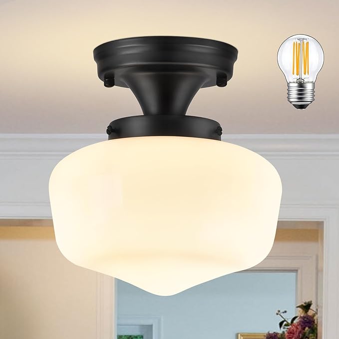 Black Schoolhouse Light Fixture 8" Mid Century Light Fixture Schoolhouse Light Fixtures Ceiling Milk Glass Light Fixtures Semi Flush Mount Ceiling Light for Bathroom (Bulb Incl.)