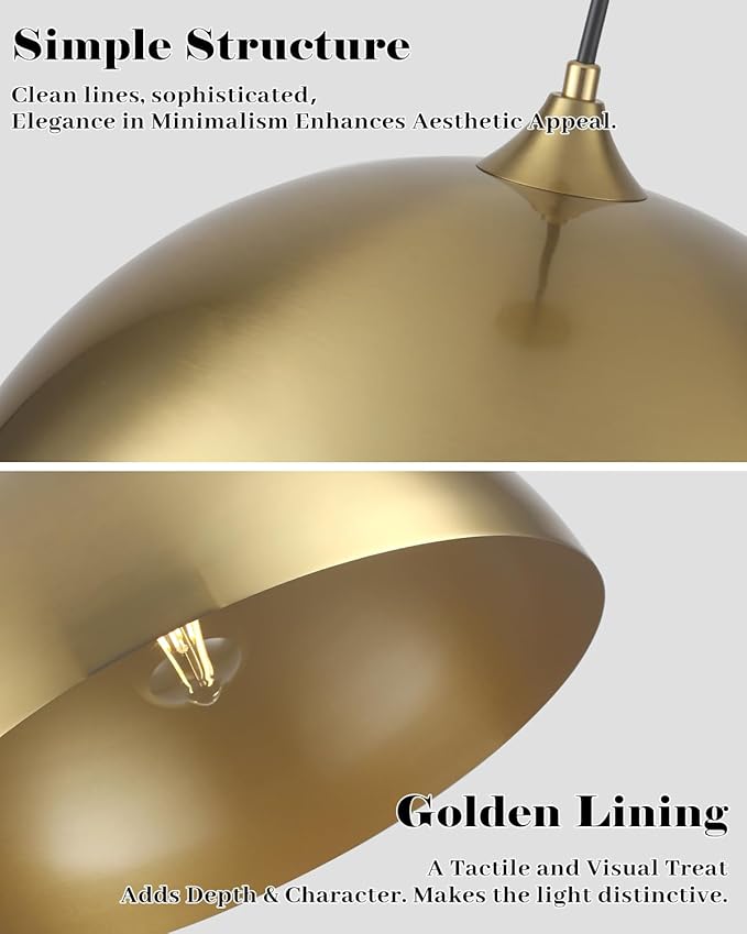 Gold Pendant Lights Kitchen Island, 16 Inch Large Pendant Light, Gold Dome Pendant Light, Industrial Farmhouse Pendant Lights for Kitchen Island, Dining Room, Cafe, Bar, 2 Pcs