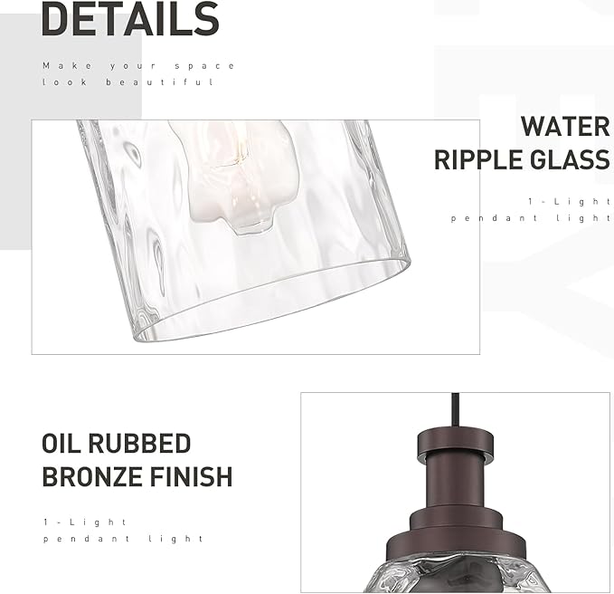 zeyu Modern Pendant Lights Kitchen Island 2 Pack, 1-Light Hanging Pendant Lighting for Dining Room, Water Ripple Glass Shade, Oil Rubbed Bronze Finish, ZG33M1L-2L ORB-WG