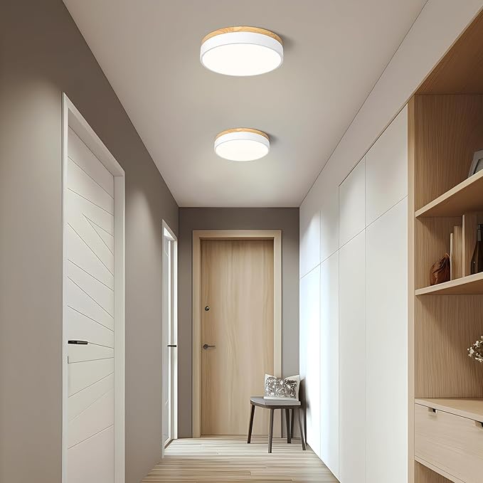Modern Dimmable Wood Ceiling Light, White Round LED Flush Mount Ceiling Lighting Fixtures, Minimalist Ceiling Lamp for Kitchen Bedroom Laundry Room Living Room Entryway Hallway&11.81 in