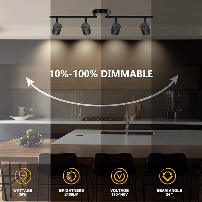 VANoopee 5-Color 4 Light Black LED Track Lighting Fixtures Ceiling for Kitchen, Dimmable Track Lighting Kit, Ceiling Spotlight Flush Mount Adjustable Directional Spot Lights Indoor, CRI90 2400lm 30W
