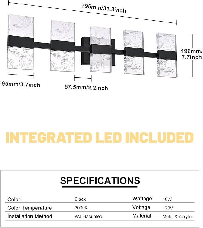 Black LED 3000K Bathroom Light Fixture, Modern 5-Lights Vanity Lighting with Smoke Acrylic Shades, Wall Lamp Over Mirror for Kitchen Bedroom Dress Table (Integrated Led Chips Included)