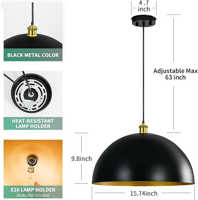 Black-Farmhouse Pendant-Light Hanging-Lamp Fixtures - 16 inch Kitchen Island Pendant Lights Industrial Dome Ceiling Lighting Dining Room Large Vintage Light for Indoor Black and Gold