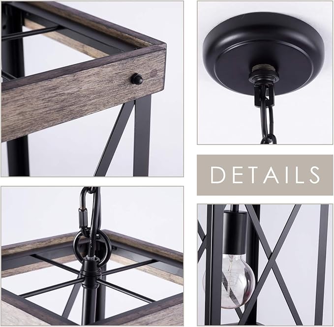 VILUXY Farmhouse Pendant Light for Kitchen Island 1-Light Wood Pendant Hanging Lamp Black Metal Cage Pendant Lantern Lighting for Dining Room Kitchen Hallway