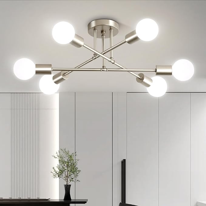 Nickle Modern Sputnik Chandelier Ceiling Light Fixture,6-Light Dining Room Light Fixture,Industrial Metal Kitchen Lighting Fixtures Ceiling,Angle Adjustable Semi Flush Mount Ceiling Light for Bedroom
