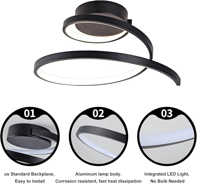 Modern LED Ceiling Light 24W Spiral Design Ceiling Lighting Fixture 18 inch,4000K Warm White Light Fixture for Hallway Aisle Balcony Bedroom Kitchen Office (Black)