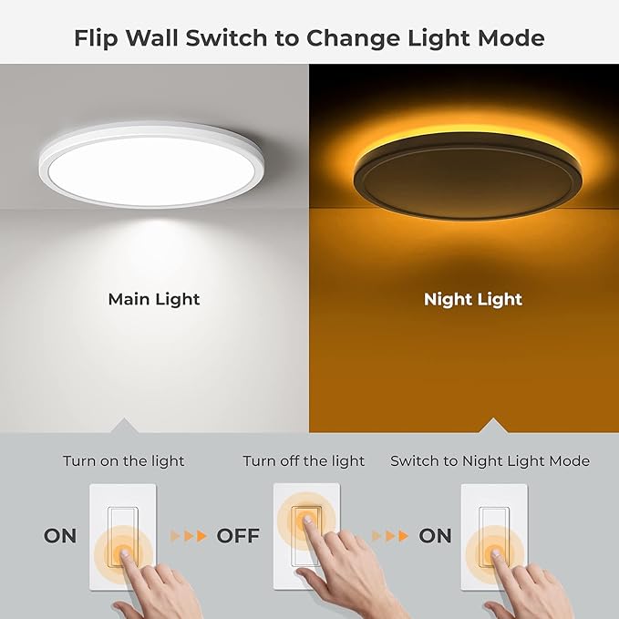 Matane 12in Dimmable Flush Mount Ceiling Light Fixture with Night Light, 2400LM 3000K/4000K/5000K Selectable, LED Ceiling Lights for Bedroom, Dining Room, Kitchen White