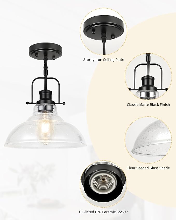 WILON Seeded Glass Pendant Lights Kitchen Island Lighting, Black Modern Farmhouse Pendant Light Fixture with E26 Base, Vintage Hanging Ceiling Lamp for Kitchen Sink Hallway Dining Room Entry Hall