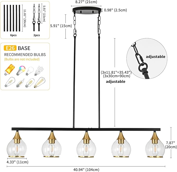 Island Light for Kitchen, 5-Light Black Kitchen Island Linear Hanging Pendant Chandeliers, Black and Gold Dining Room Light Fixture Over Table with Clear Round Glass Shades