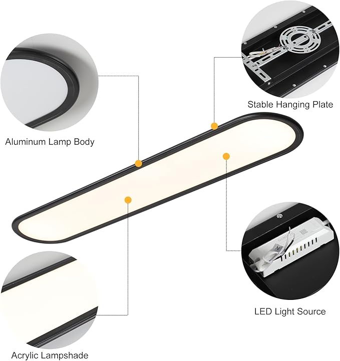 Ganeed LED Flat Panel Long Ceiling Light Fixture for Shop Lighting, 47.24" High Brightness Linear LED Ceiling Lamp, 51W Dimmable Low Profile Flush Mount Ceiling Light for Laundry Kitchen Office, Black