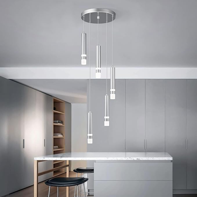 5-Light Modern Pendant Light Kitchen Island Light Fixture Dimmable LED Chrome Mini Pendant Lights Dinning Room Kitchen Chrome Pendant Lighting