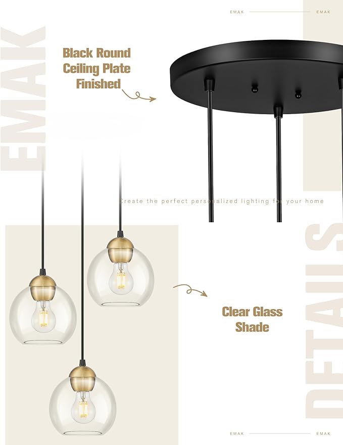 Emak Black and Gold Pendant Lights Kitchen Island, 3-Light Pendant Light with 7 Inch Globe Glass Shade, Modern Farmhouse Cluster Kitchen Island Lighting for Dining Room, Bathroom, PL119-BKBGD-CG-CL
