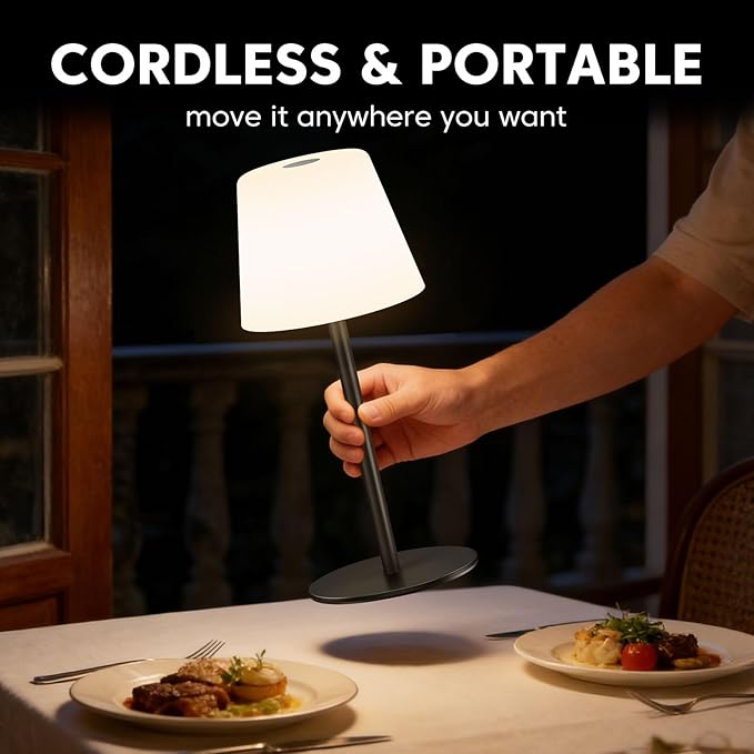 NEEZUKAR Cordless Table Lamp for Bedroom,Rechargeable IP65 Waterproof Shower Lamp with Battery Operated, Touch Dimmable LED Desk Light for Bathroom,Kitchen,Outdoor Patio (Black)