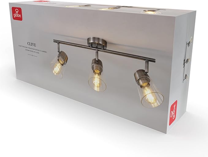 GLOBE Electric 64000045 24" 3-Light Track Lighting, Pewter, Clear Glass Shades, Ceiling Light, Pivot Shade, 3 Bulb, Kitchen Lights, E26 Socket