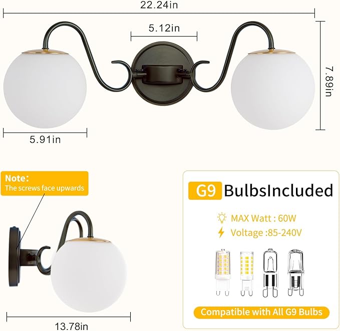 2 Lights Vintage Bathroom Vanity Light Fixtures Over Mirror, Matte Black Vanity Lights For Bathroom With Milk White Glass Globe Shade, Wall Lights For Bedroom, Hallway, Dressing Table(Includ G9 Bulbs)