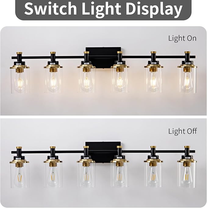 6 Bathroom Vanity Lights, Black and Gold Bathroom Light Fixtures, Sconces Wall Lighting with Clear Glass Shade, Modern Brushed Gold Vanity Lighting Fixtures for Bathroom, Bedroom, Hallway