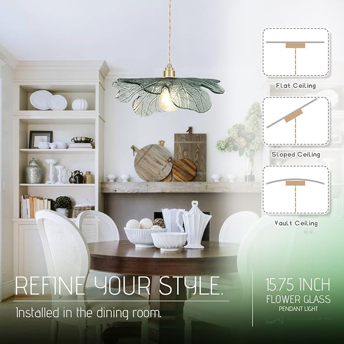 Gold Modern Brass Pendant Lights 15.74" Large Ceiling Hanging Light with Dark Green Glass Shade, Adjustable Glass Pendant Light for Dining Room Bedroom Hallway, 1-Light