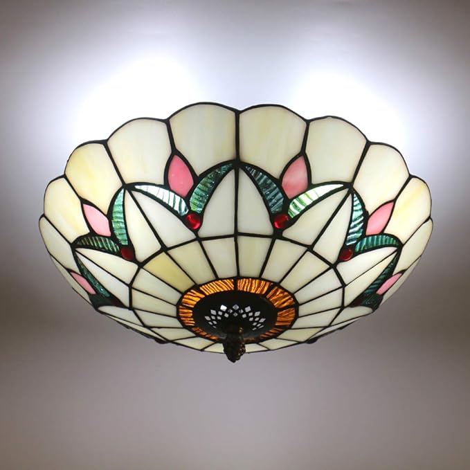 16 Inch Vintage Chandeliers Light Tiffany Style Ceiling Light Stained Glass Flush Mount Ceiling Lighting Fixture Lamp (16 Inch 40CM Y)