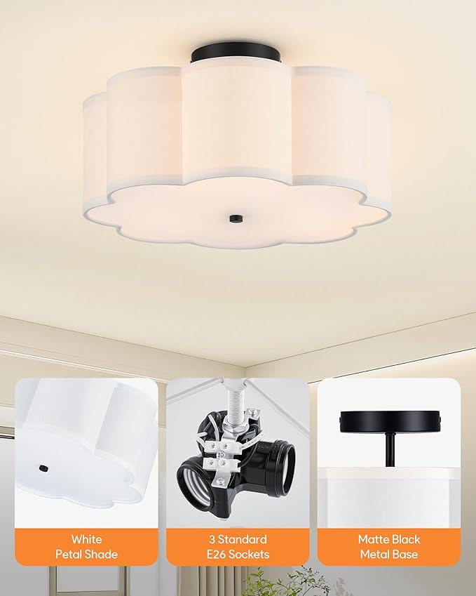 VONLUCE Semi-Flush Mount Ceiling Light, 15.7" Modern 3-Light Ceiling Light Fixture with White Petal-Shaped Shade 3 E26 Sockets for Bedroom Entryway Living Room, Black Finish, ETL Certificated