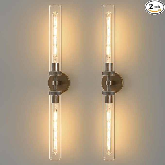 Knurled Brass Bathroom Wall Sconce - Set of 2 Luxury Brushed Antique Gold Sconces - Modern Linear Tube Vanity Lights Fixture with Clear Glass - Dimmable Indoor Lighting for Bedroom Living Room Decor