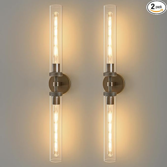 Knurled Brass Bathroom Wall Sconce - Set of 2 Luxury Brushed Antique Gold Sconces - Modern Linear Tube Vanity Lights Fixture with Clear Glass - Dimmable Indoor Lighting for Bedroom Living Room Decor