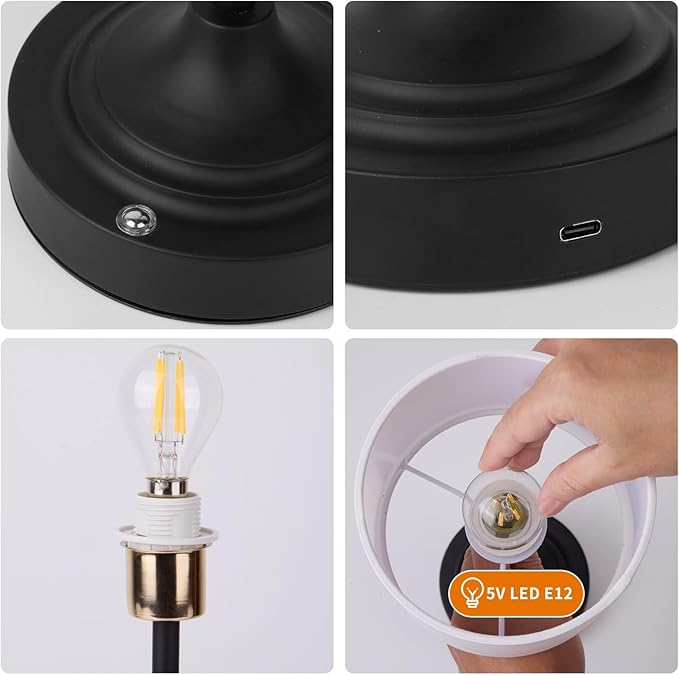 Rechargeable Cordless LED Table Lamp Fabric Shade Desk Lamp, 3-Level Dimmable Touch Control, 5200mAh, Patio Table Lamp, Bedside Night Lamp, Ambient Light for Restaurant.(Black)