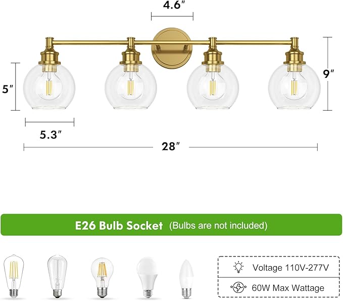 Bathroom Light Fixtures, 4-Light Brushed Gold Vanity Light Globe Glass Shades, Bathroom Lighting Fixtures Over Mirror, Wall Sconces for Master Bathroom, Guest Bathroom, Powder Room, 28-inch