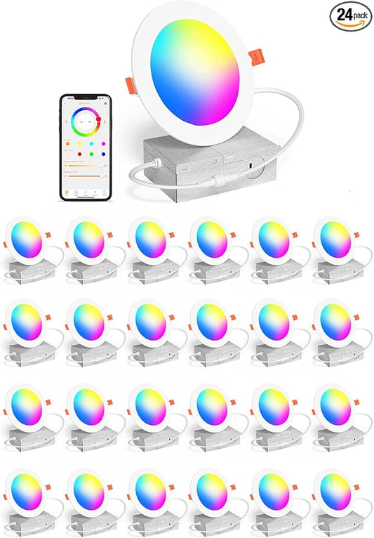 24Pack Smart Recessed Lighting 4 Inch RGBCW Color Changing 12W LED Downlight with Junction Box,1080 Lumen Recessed Ceiling Light Compatible with Alexa,Dimmable by Bluetooth Control