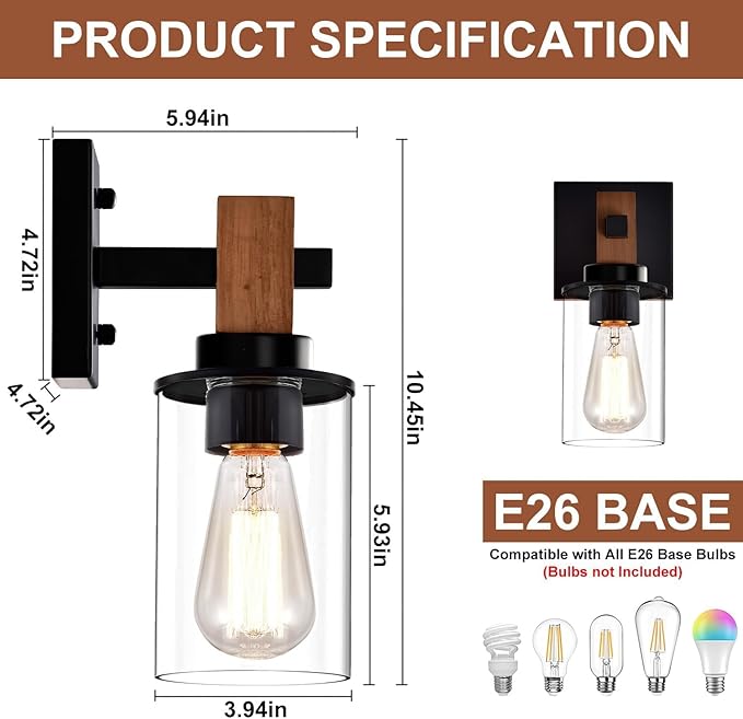 Rustic Wall Sconces,Hardwired 1-Light Farmhouse Sconce with Clear Glass Cylinder Shade,Matte Black Metal & Wood Wall Light,E26 Indoor Bathroom Vanity Fixture for Mirror,Bedroom,Hallway