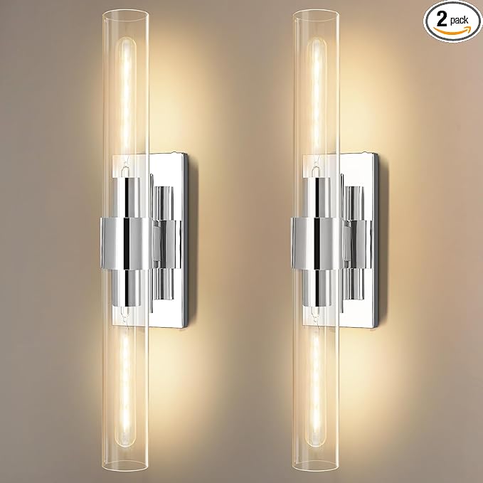 Wall Sconces Set of 2, 22.8" Chrome Bathroom Sconces, Indoor Sconces Lighting with Glass, Nickel Vanity Lights with Tube, Dimmable Bedroom Bedside Wall Light for Dressing Table Staircase