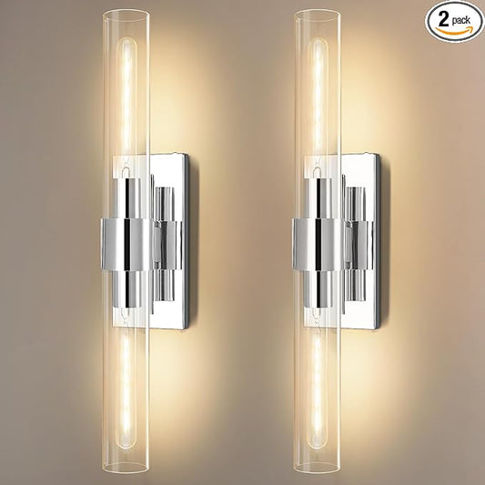 Wall Sconces Set of 2, 22.8" Chrome Bathroom Sconces, Indoor Sconces Lighting with Glass, Nickel Vanity Lights with Tube, Dimmable Bedroom Bedside Wall Light for Dressing Table Staircase