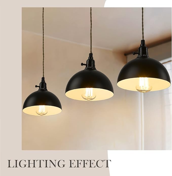 zeyu Triple Pendant Light with Plug in Cord - Industrial 3-Light Hanging Lamps with 29FT Twisted Hemp Rope Switch, Metal Dome Shade in Black Finish, ZYC49-3 BK