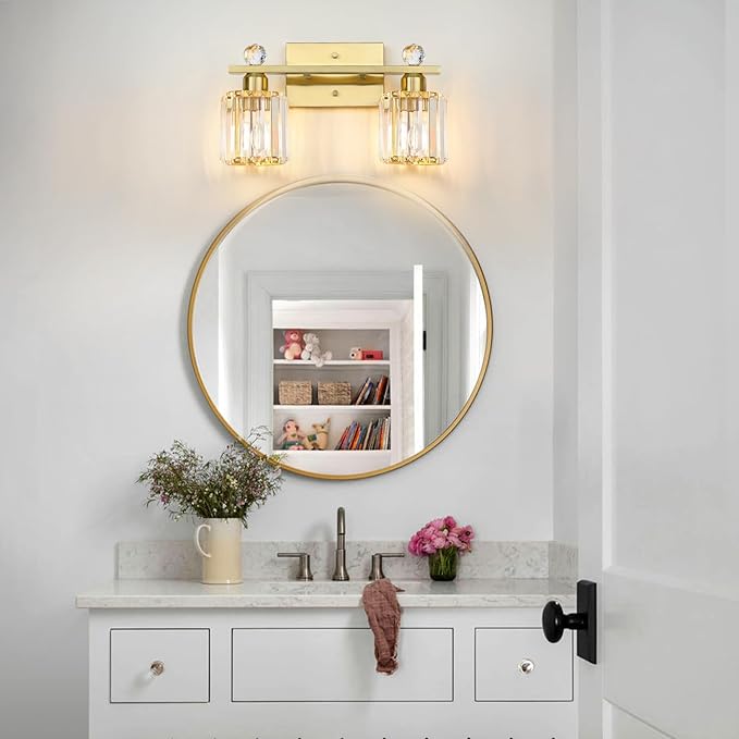 2-Light Gold Bathroom Light Fixtures,Modern Bathroom Vanity Lights Fixture with Clear Crystal Glass Shade,Brushed Gold Bath Wall Mount Lights, Light Fixtures for Mirror Bedroom Living Room