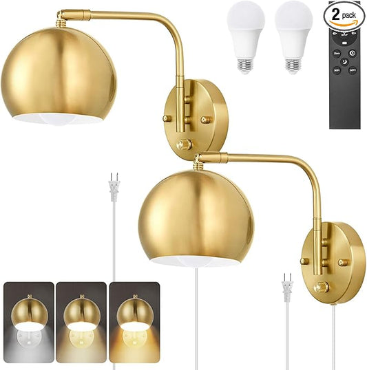 VATONI Wall Sconce with Remote Control, Plug in Wall Sconces Dimming 0-100% and Adjustable Color Temperature 2700K-6000K, Brushed Brass Globe Swing Arm Wall Lights with Plug in Cord(2 Pack, 2 Bulbs)