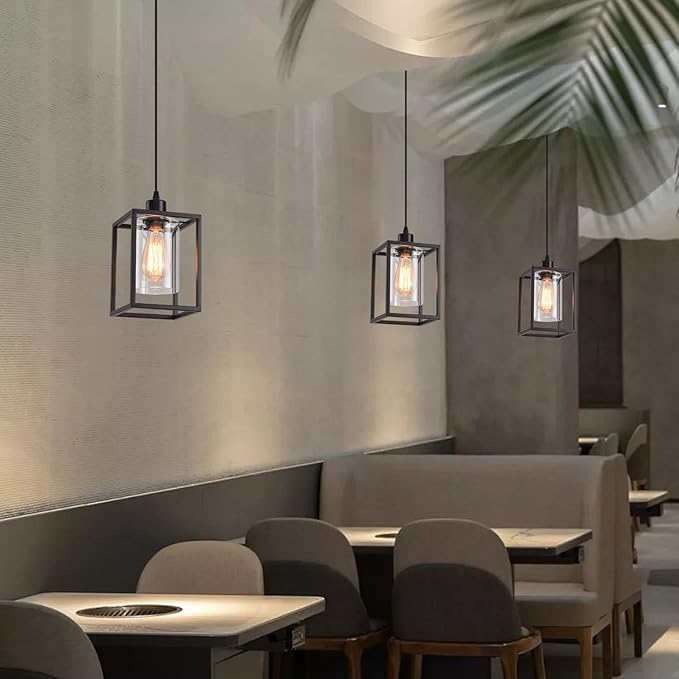 Black Pendant Lights for Kitchen Island Industrial Lantern Pendant Light Fixtures with Clear Glass Shade, Farmhouse Adjustable Height Hanging Pendant Lighting