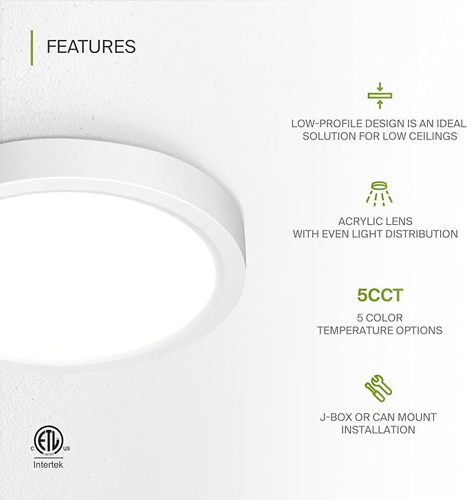 ASD LED 5" Round Flush Mount Ceiling Light Fixture, Low Profile Surface Lighting | 5CCT, Dimmable, Ultra-Thin, ETL Listed | 10W 700LM 2700-6000K 120V | Kitchen, Bedroom, Hallway Lamp | White, 12 Pack