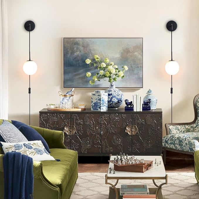KUZZULL Wall Sconces Set of Two Plug in Wall Sconces Matte Black Wall Lamp with Plug in Cord and Switch Hanging Indoor Wall Mounted Lights with Globe Glass Shade Plug in Sconces Wall Decor Set of 2