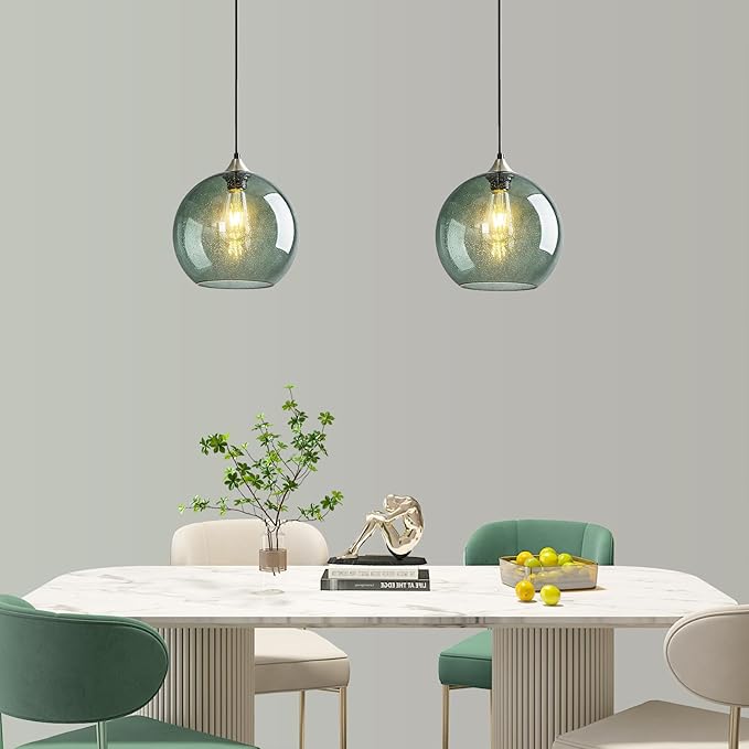 Modern 2-Pack Glass Globe Pendant Lights, Gray Green Modern Pendant Lighting for Kitchen Island, Glass Hanging Lamps for Dining Room Living Room Bedroom, Medium 7.87 Inch Fixture (Bulbs Not Included)