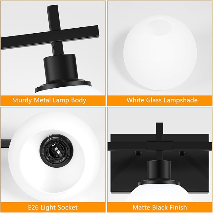 Dpyrrhic Modern Vanity Lighting Fixtures,3-Light Black Bathroom Lighting Fixtures Over Mirror，Bathroom Wall Mounted Vanity Light with Milky White Glass Lampshade for Living Room，Bedroom，Hallway