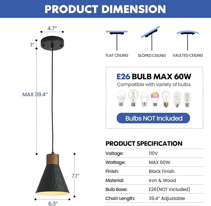 Modern Black Pendant Lights Kitchen Island, Mid Century Dome Pendant Light Set of 3, Small Industrial Hanging Pendant Lighting for Dining Room, Bedroom, Sink, Bar