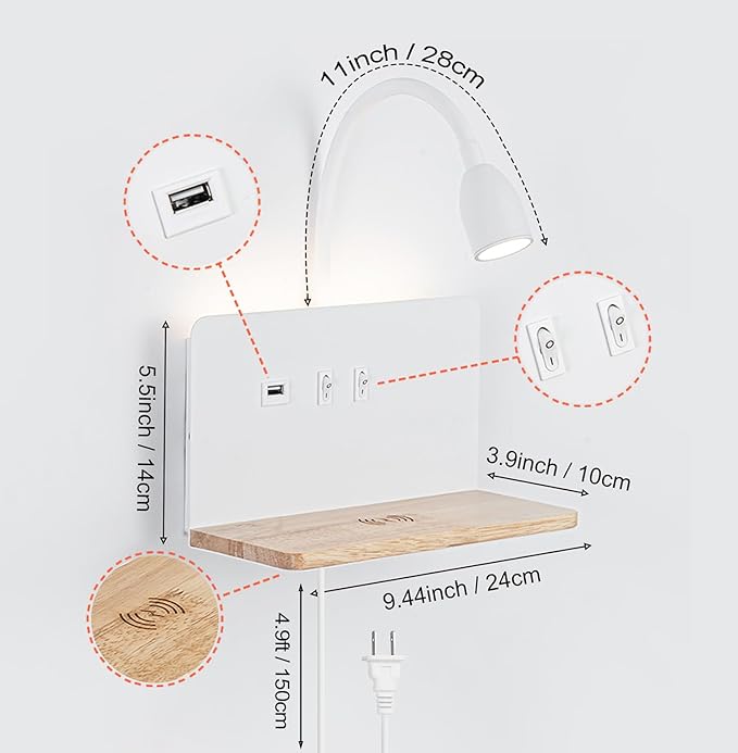 Bedside Wall Sconces with Wireless Charging Station & USB Charging, 3 Adjustable Color Temperatures LED Reading light, 3000K Warm Ambient lighting Wall Mounted Sconce for Bedroom, Plug-in or Hardwired